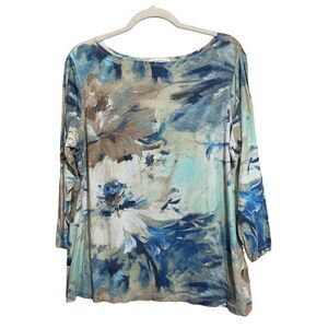 Coldwater Creek Womens Plus Size 1X Multicolor Floral Abstract Stretch Blouse